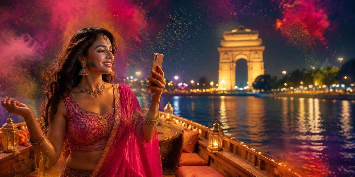 Delhi India Gate illuminated during Holi Festival with slot gaming theme